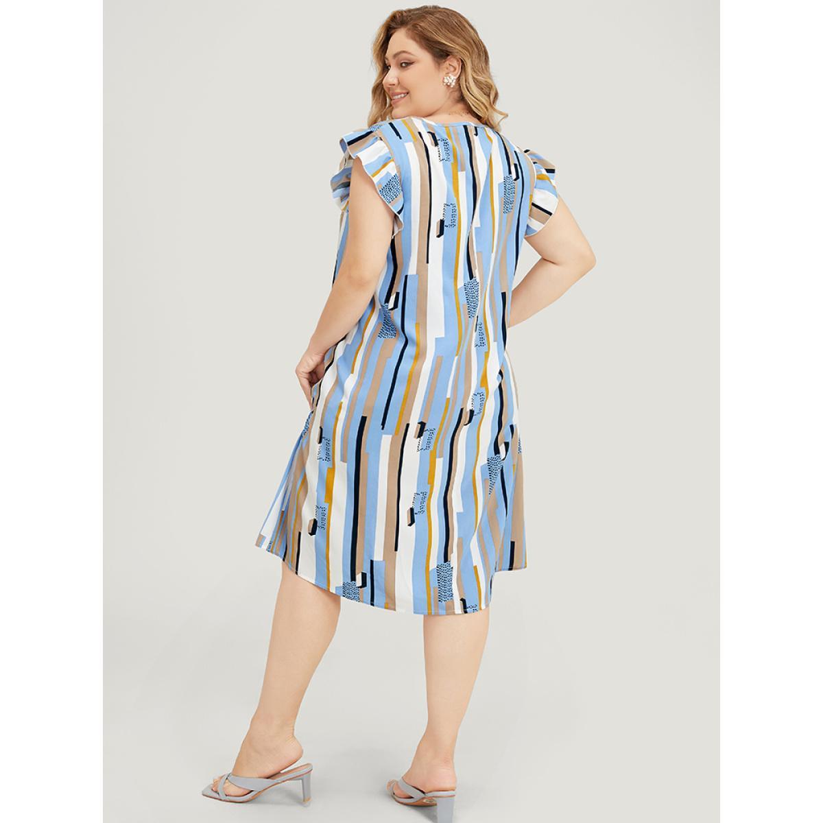 Plus Size Geometric Print V Neck Pocket Flutter Cap Sleeve Midi Dress Multicolor Women Elegant Ruffles V-neck Cap Sleeve Curvy Knee Dress BloomChic 30/6X Product Image