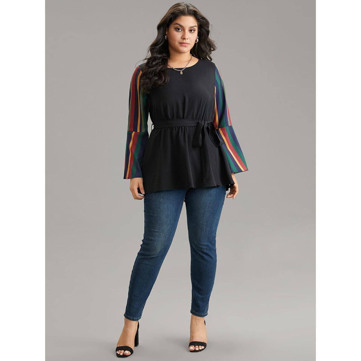 Plus Size Black Striped Patchwork Belted Bell Sleeve Blouse Women Vacation Long Sleeve Round Neck Vacation Blouses BloomChic 28/5X Product Image