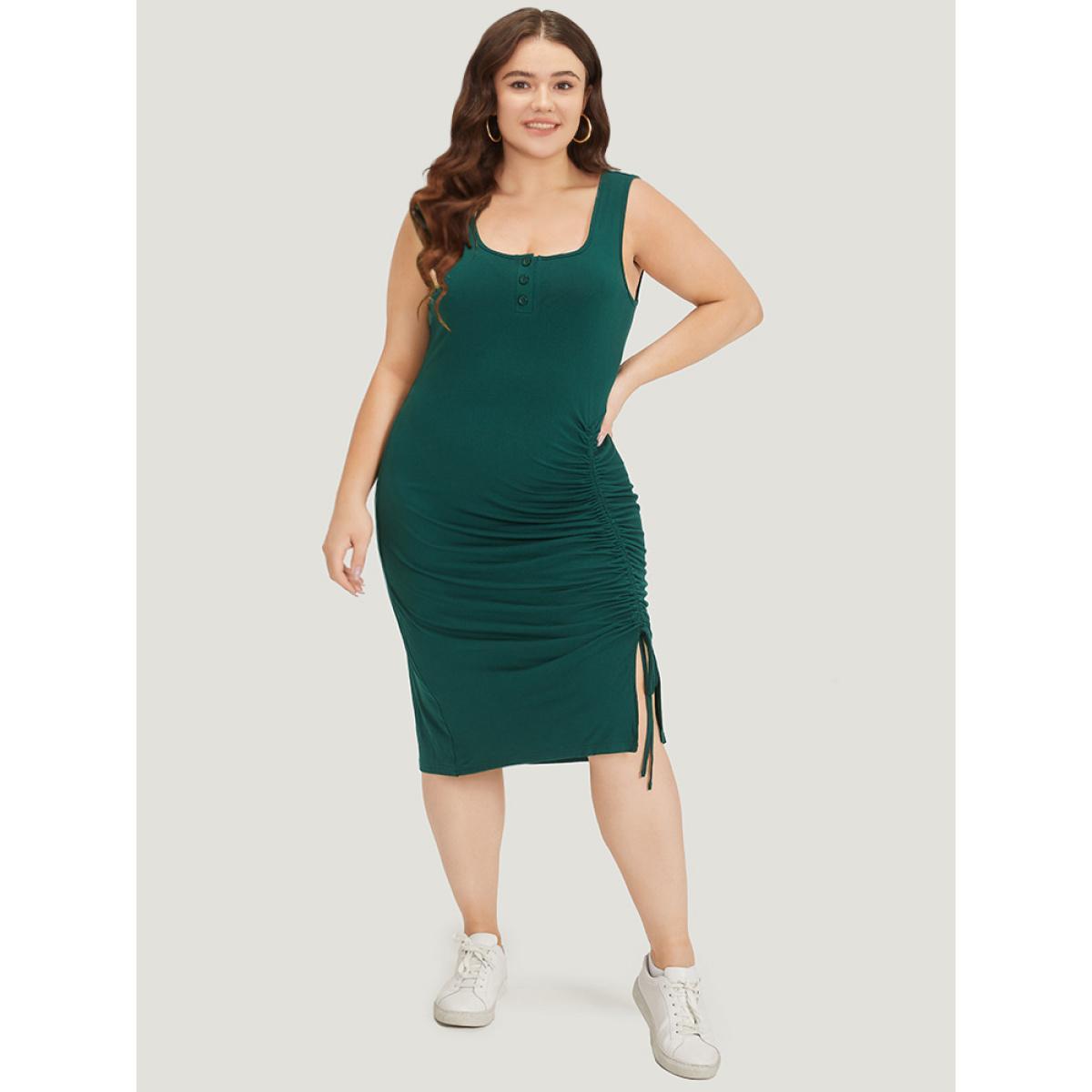 Plus Size Supersoft Essentials Plain Button Up Drawstring Hem Tank Dress DarkGreen Women Casual Plain Spaghetti Strap Sleeveless Curvy Midi Dress BloomChic 18-20/2X Product Image