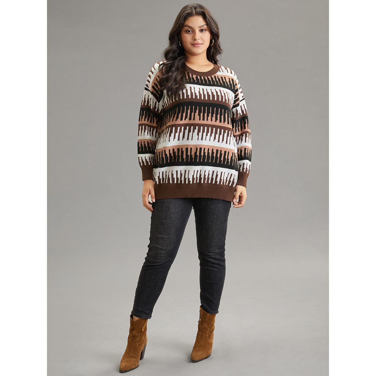 Plus Size Supersoft Essentials Colorblock Geo Elastic Cuffs Pullover DarkBrown Women Casual Loose Long Sleeve Round Neck Dailywear Pullovers BloomChic 12/L Product Image