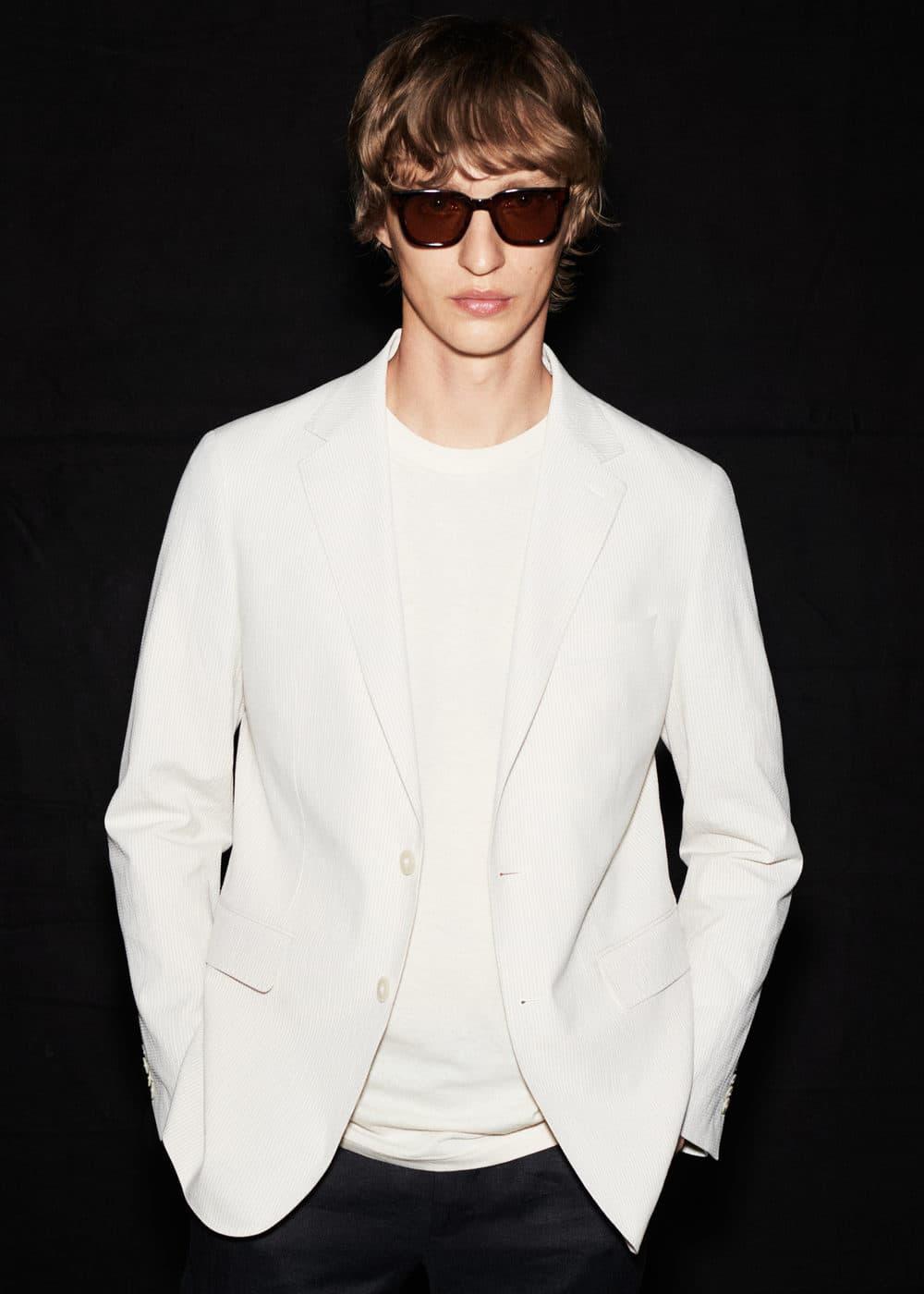 Striped seersucker cotton slim-fit suit blazer - Men | MANGO USA Product Image