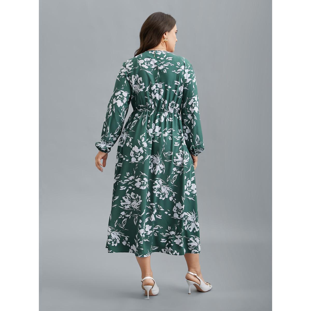 Plus Size Silhouette Floral Print Waist Cinched Midi Dress Emerald Women Elegant Non Overlap Collar Long Sleeve Curvy BloomChic 14-16/1X Product Image