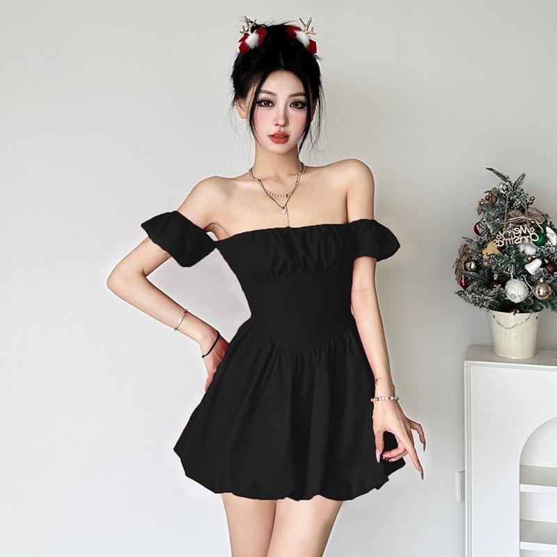 Off Shoulder Short Sleeve Plain Bubble Mini A-Line Dress Product Image