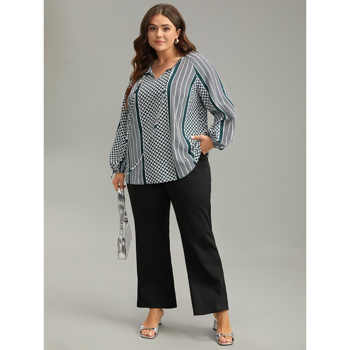 Plus Size Teal Geo Striped Tie Lantern Sleeve Blouse Women Resort Long Sleeve Tie Neck Vacation Blouses BloomChic 12/L Product Image