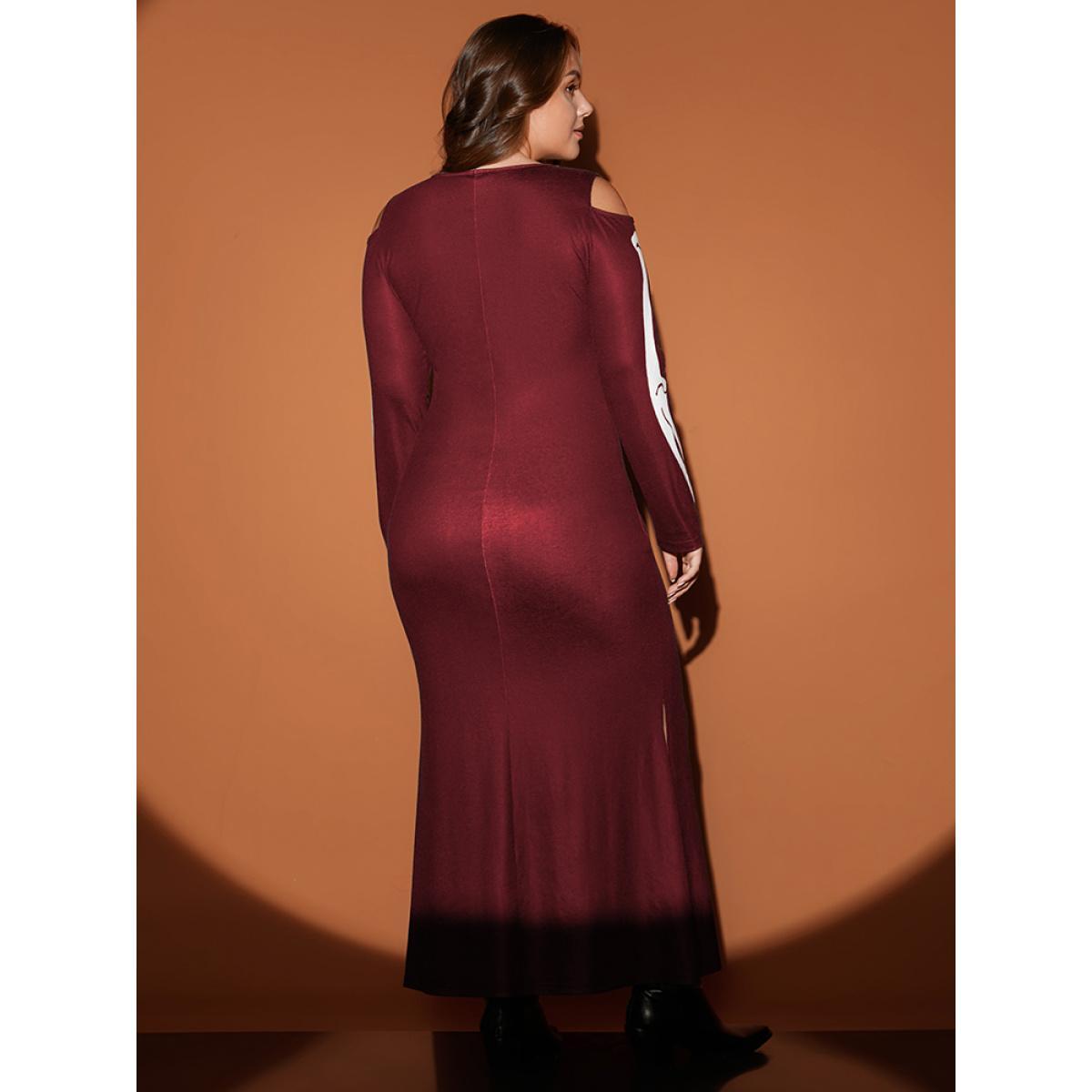 Plus Size Halloween Skeleton Print Cold Shoulder Split Hem Maxi Dress Burgundy Women Casual Printed Cold Shoulder Long Sleeve Curvy Long Dress BloomChic 18-20/2X Product Image