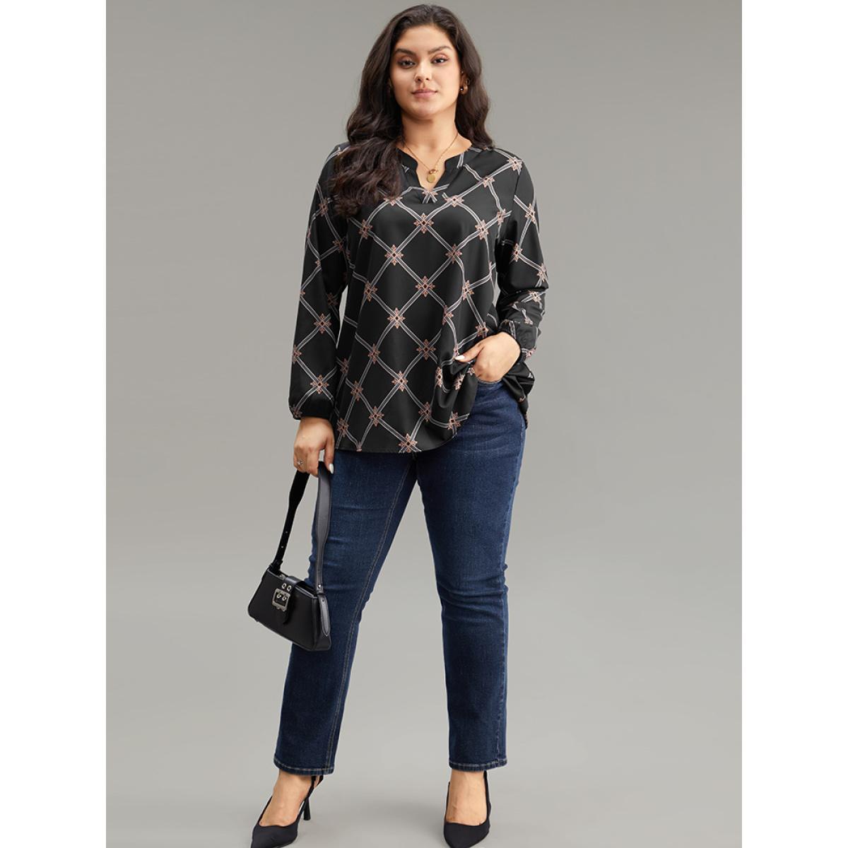 Plus Size BlackFlower Plaid Notched Elastic Cuffs Blouse Women Office Long Sleeve Notched collar Work Blouses BloomChic 14-16/1X Product Image