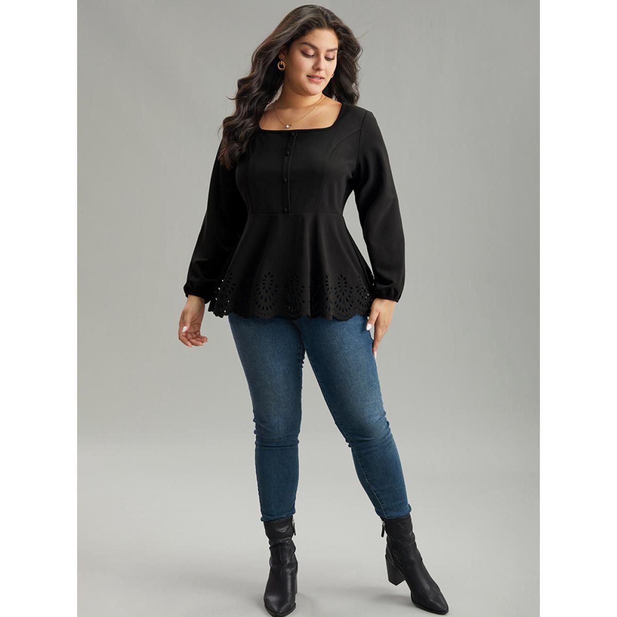 Plus Size Black Plain Laser Cut Button Detail Blouse Women Elegant Long Sleeve Square Neck Dailywear Blouses BloomChic 22-24/3X Product Image