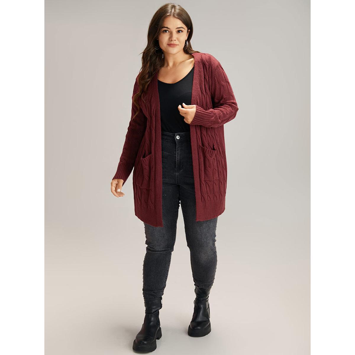 Plus Size Cable Knit Open Front Pocket Cardigan Scarlet Women Casual Loose Long Sleeve Everyday Cardigans BloomChic 26/4X Product Image