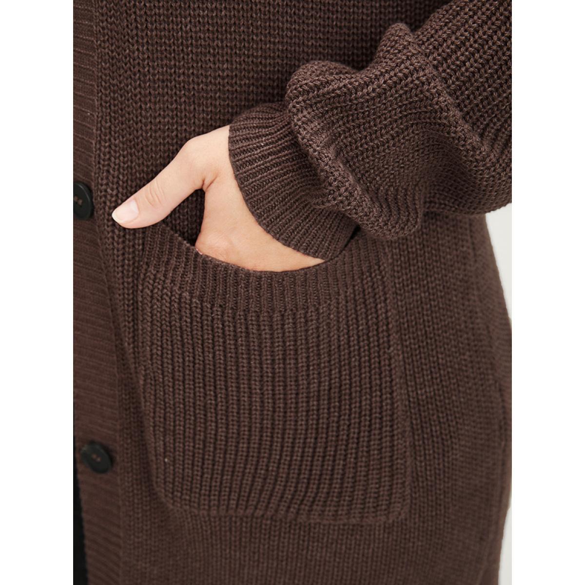 Plus Size Plain Pointelle Knit Split Hem Pocket Button Front Long Cardigan DarkBrown Women Casual Loose Long Sleeve Dailywear Cardigans BloomChic 12/L Product Image