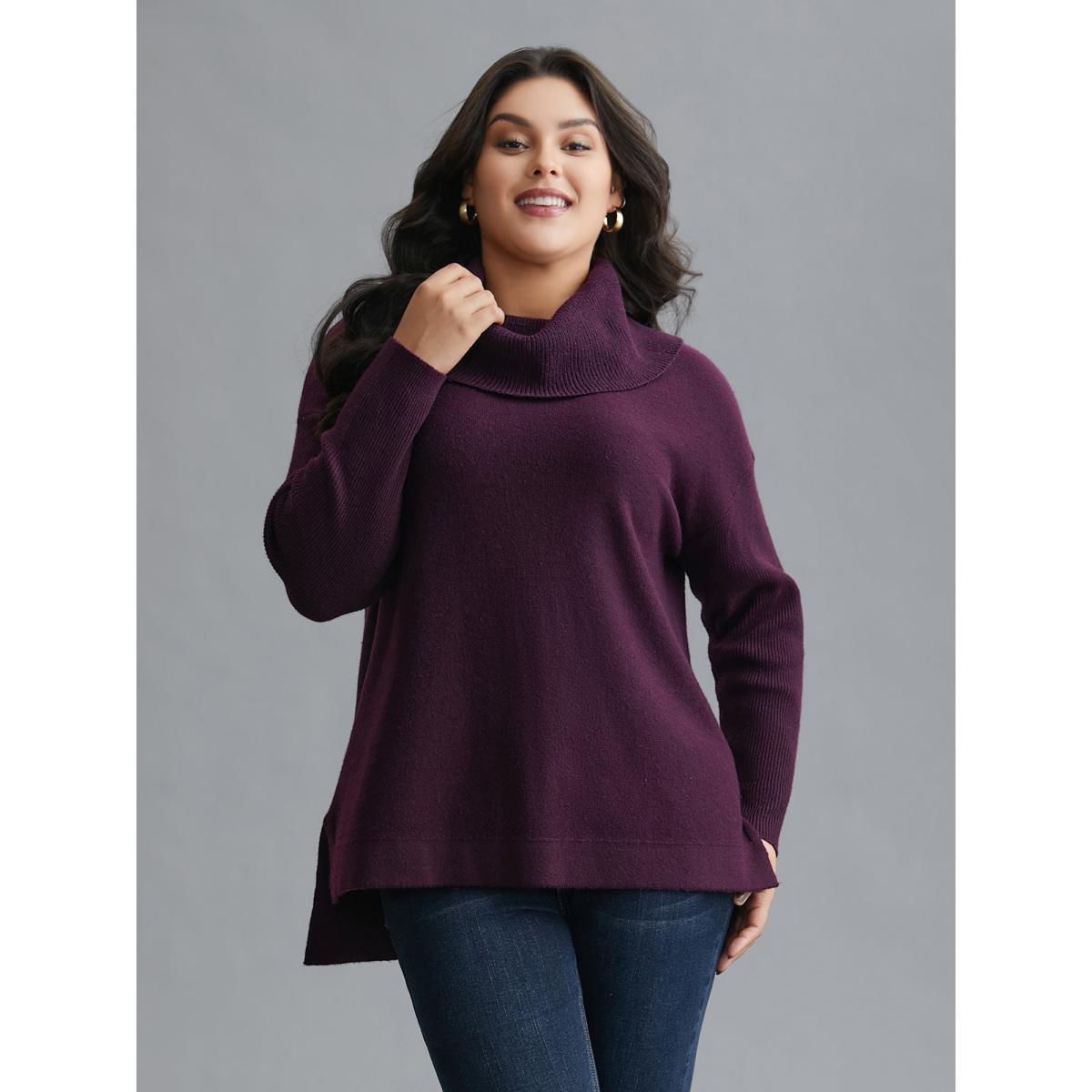Plus Size Supersoft Essentials Turtle Neck Asymmetrical Hem Slit Pullover Eggplant Women Casual Loose Long Sleeve Turtleneck Everyday Pullovers BloomChic 14-16/1X Product Image