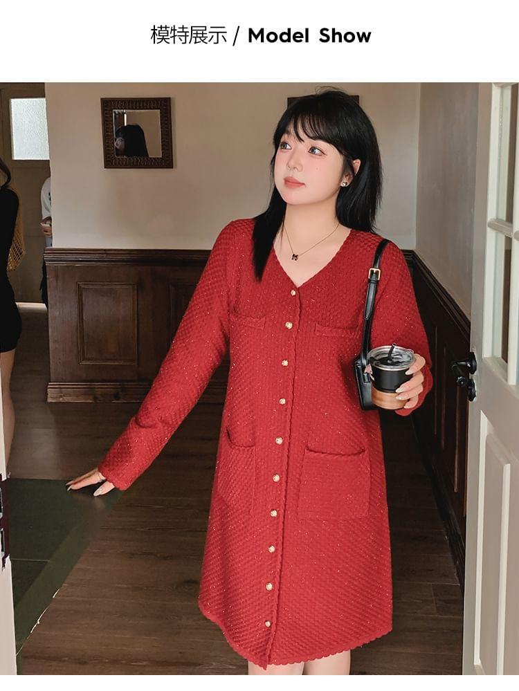 Long Sleeve V-Neck Plain Glitter Button Knit Midi A-Line Dress Product Image