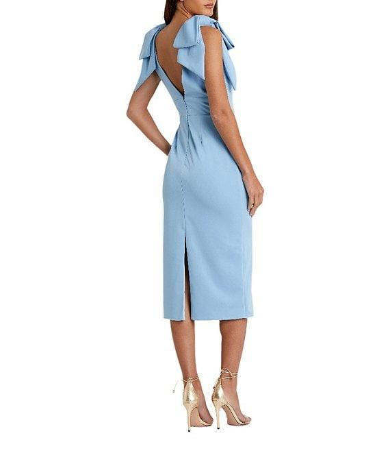 Mac Duggal Crepe V-Neck Sleeveless Bow Shoulder Midi Sheath Dress Product Image