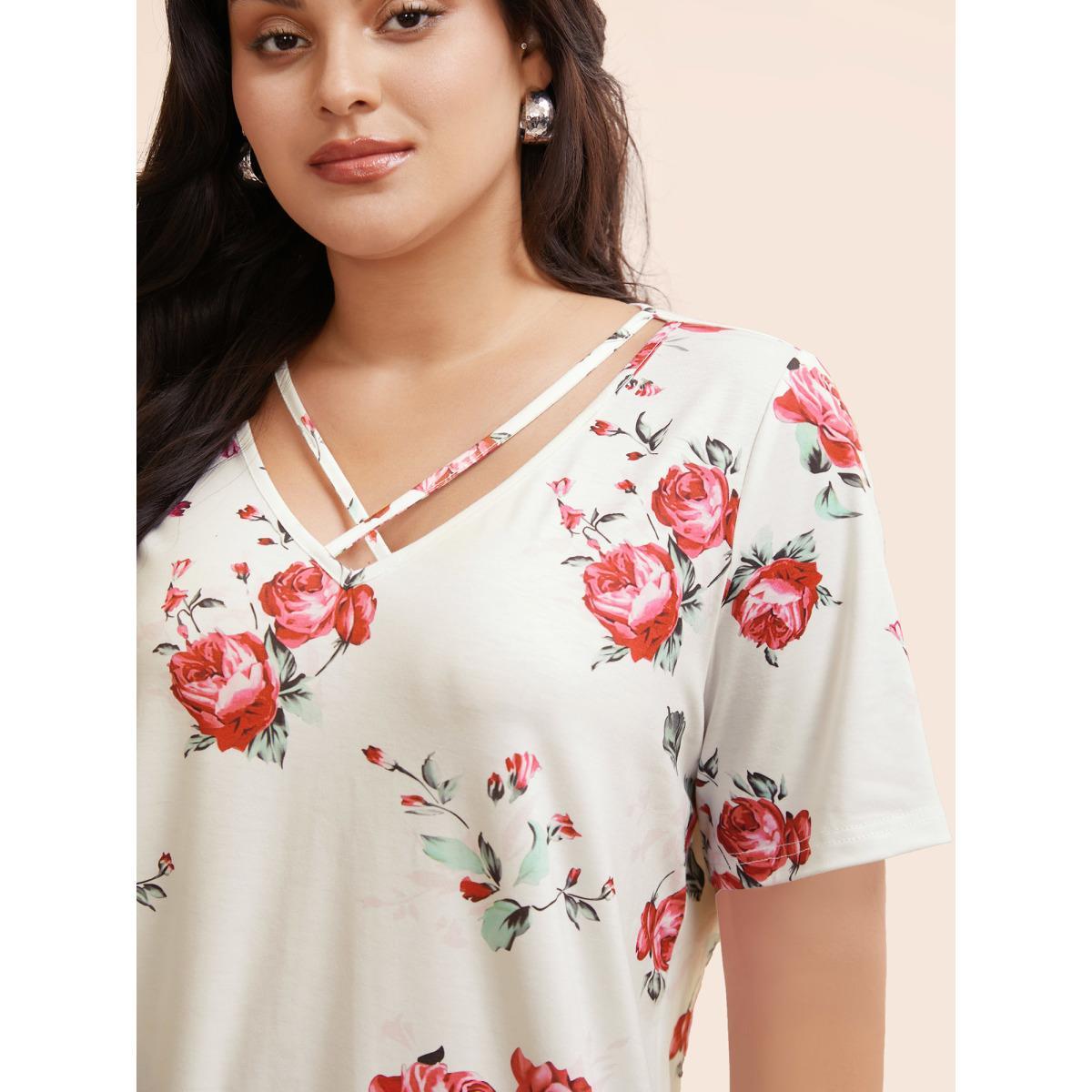 Plus Size Floral Crisscross V Neck T-shirt White Women Elegant Floral V-neck Everyday T-shirts BloomChic 22-24/3X Product Image