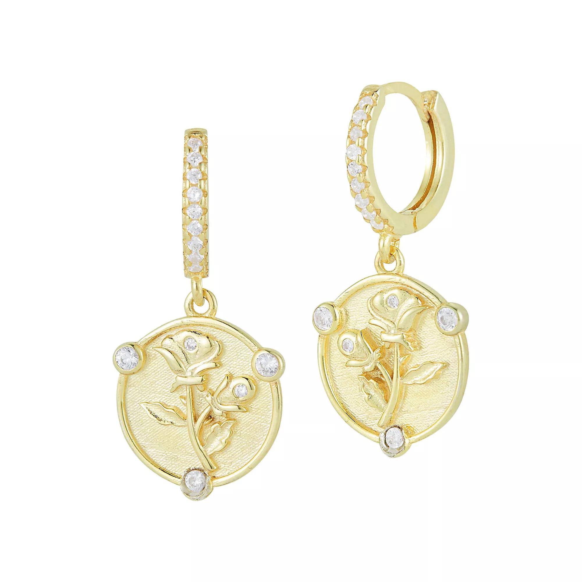 Sunkissed Sterling 14k Gold Over Silver Cubic Zirconia Flower Charm Huggie Hoop Earrings, Women's, Gold Tone Product Image