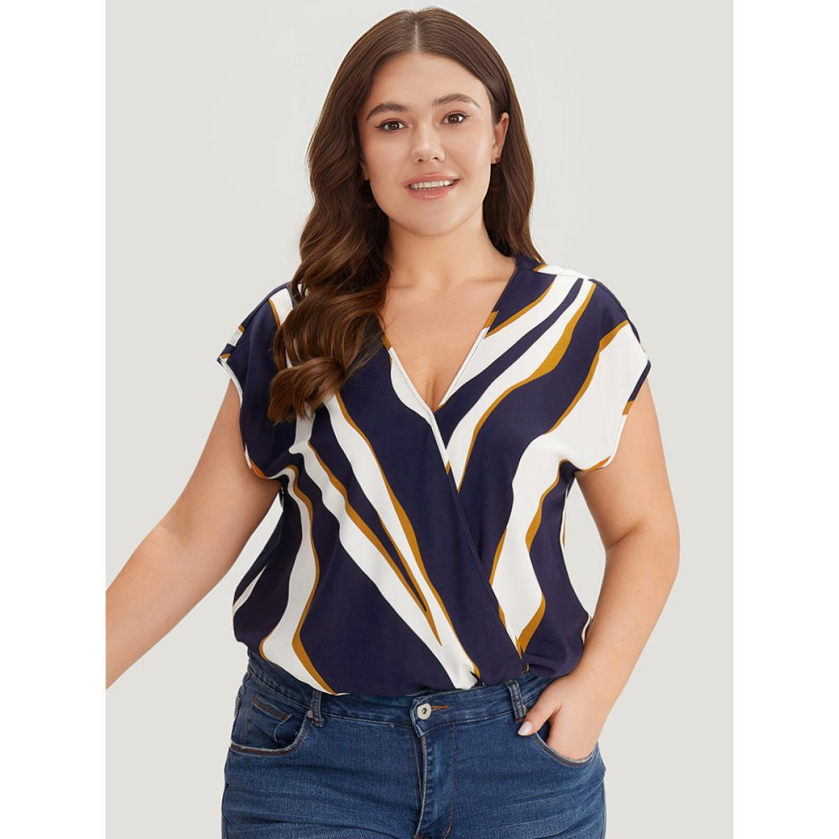 Plus Size Water Ripple Surplice Neck Dolman Sleeve Bodysuit Women Multicolor Water Ripple Wrap Bodysuits BloomChic 28/5X Product Image