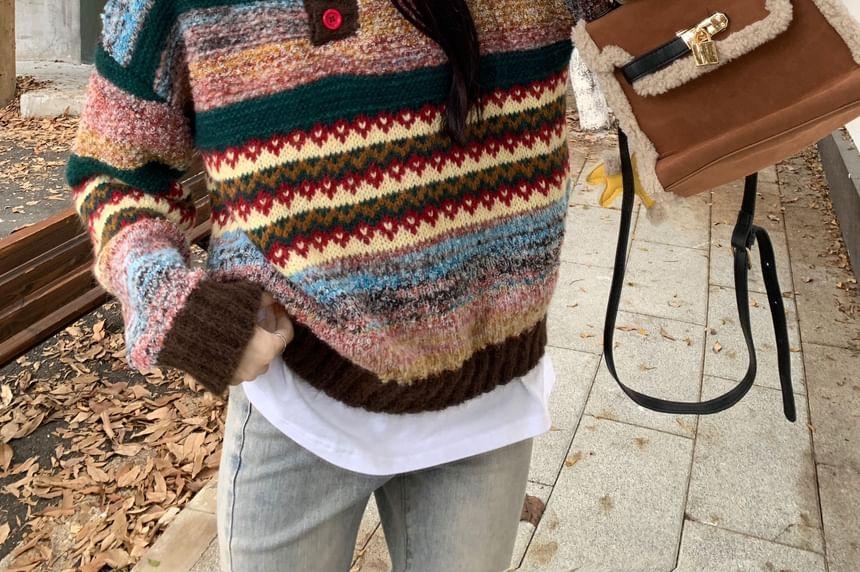 Turtleneck Henley Color Block Sweater Product Image