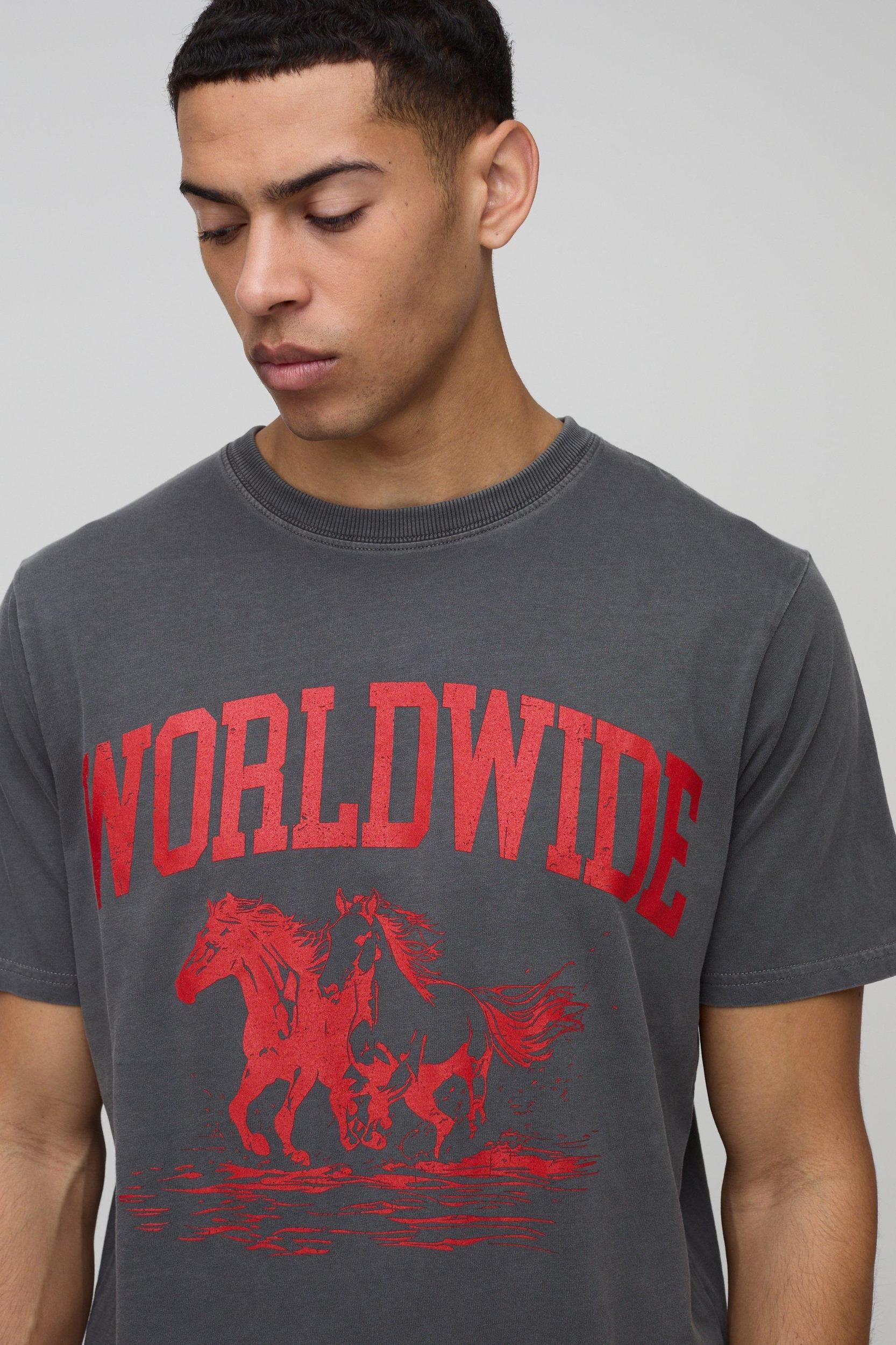 Regular Fit Worldwide Horse Western Graphic Washed T-Shirt | boohooMAN USA Product Image
