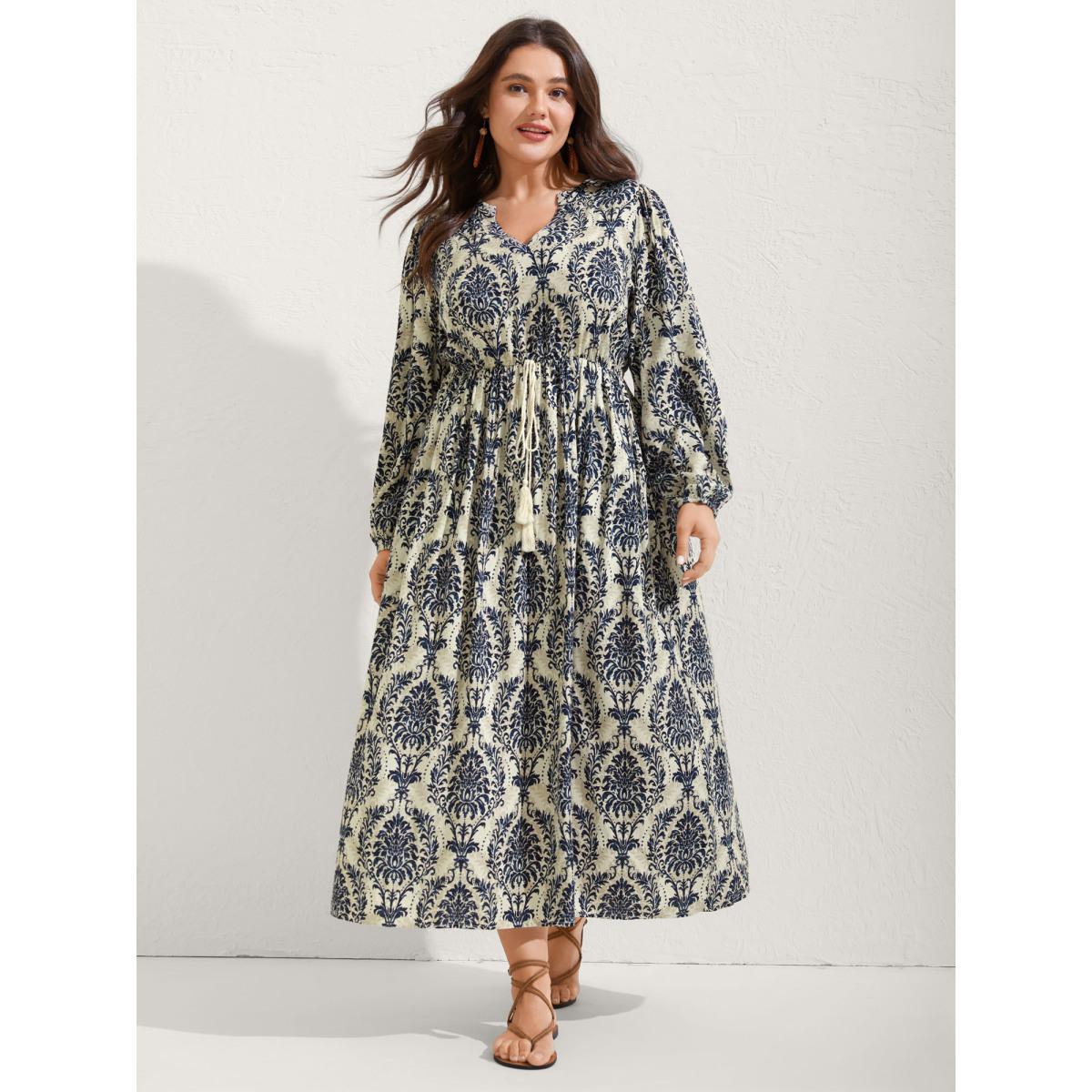 Plus Size Boho Print Notched Tie Knot Maxi Dress DarkBlue Women Resort Tie knot Flat collar with V-notch Long Sleeve Curvy BloomChic 30/6X Product Image