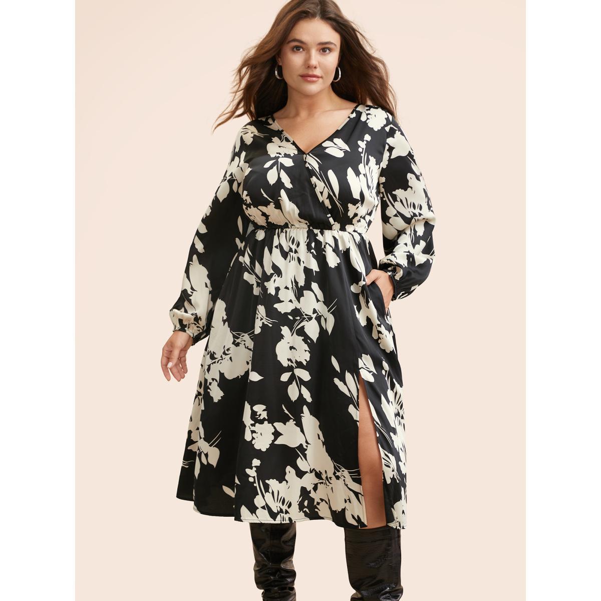 Plus Size Overlap Collar Silhouette Floral Print Gathered Dress Black Women Elegant Slit Overlap Collar Long Sleeve Curvy BloomChic 14-16/1X Product Image