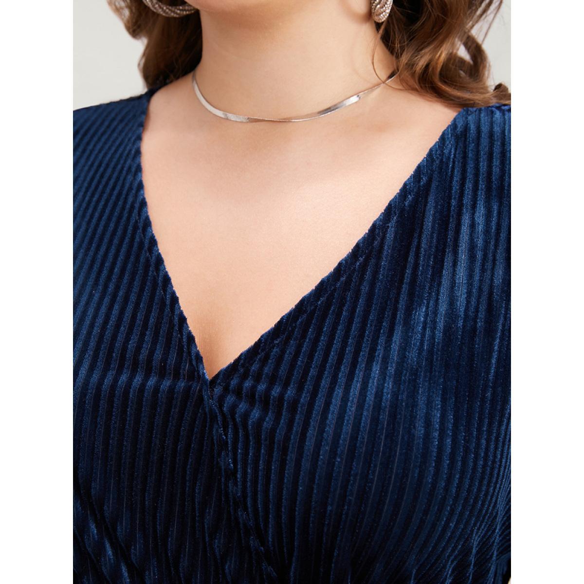 Plus Size Striped Velvet Pocket Lantern Sleeve Belted Wrap Dress DarkBlue Women Glamour Pocket V-neck Long Sleeve Curvy Midi Dress BloomChic 26/4X Product Image