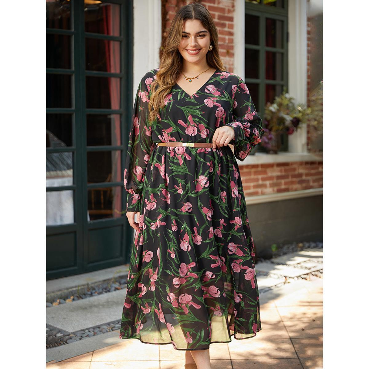 Plus Size Floral Print Chiffon Split Side Elastic Waist Dress Black Women Elegant Printed V-neck Long Sleeve Curvy Midi Dress BloomChic 30/6X Product Image