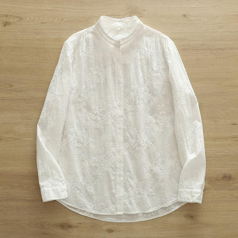 Long Sleeve Band Collar Embroidered Shirt Product Image