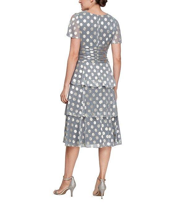 Ignite Evenings Short Flutter Sleeve Cold Shoulder Surplice V-Neck Polka Dot Tier Chiffon Dress Product Image