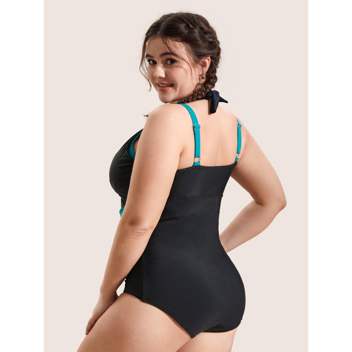 Plus Size Two Tone Metal Chain Detail One Piece Swimsuit Women's Swimwear Teal Beach Gathered Curve Bathing Suits High stretch One Pieces BloomChic 18-20/2X Product Image