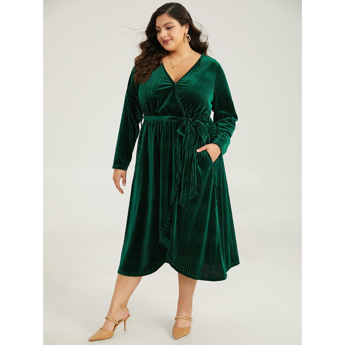 Plus Size Velvet Rib Knit Wrap Hem Pocket Belted Dress DarkGreen Women Elegant Wrap V-neck Long Sleeve Curvy Midi Dress BloomChic 10/M Product Image