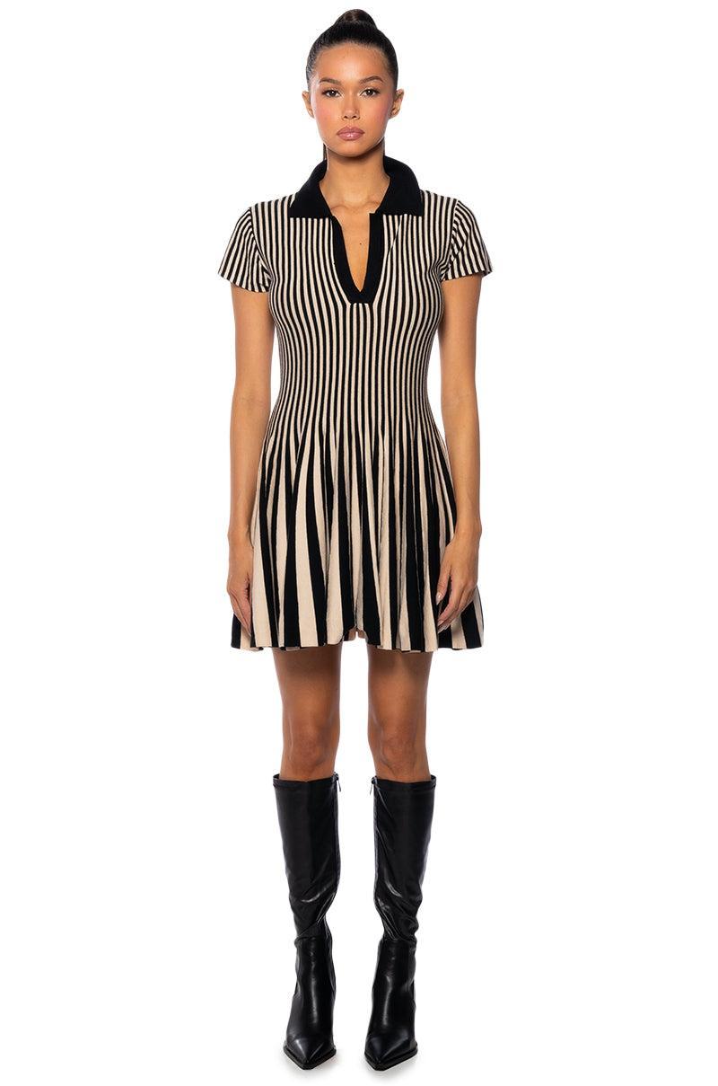 ALINA PLEATED KNIT FIT AND FLARE MINI DRESS IN BLACK MULTI Product Image
