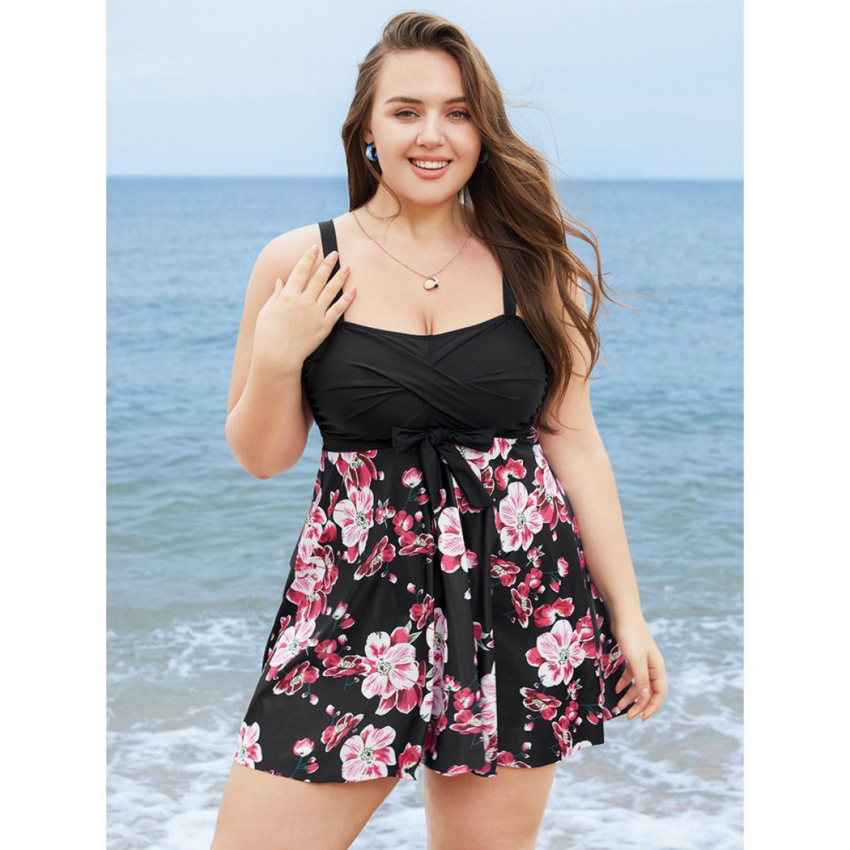 Plus Size Floral Print Knotted Twist Front A Line Swim Dress Women's Swimwear Black Vacation Bodycon High stretch Curve Swim Dresses BloomChic 22-24/3X Product Image