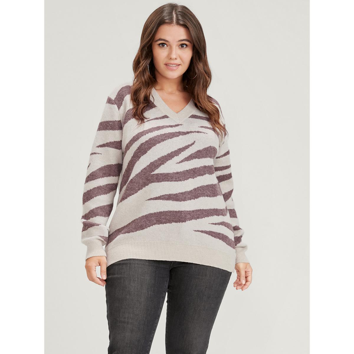 Plus Size Zebra Print Contrast Pointelle Knit V Neck Knit Top Tan Women Casual Long Sleeve V-neck Dailywear Pullovers BloomChic 10/M Product Image