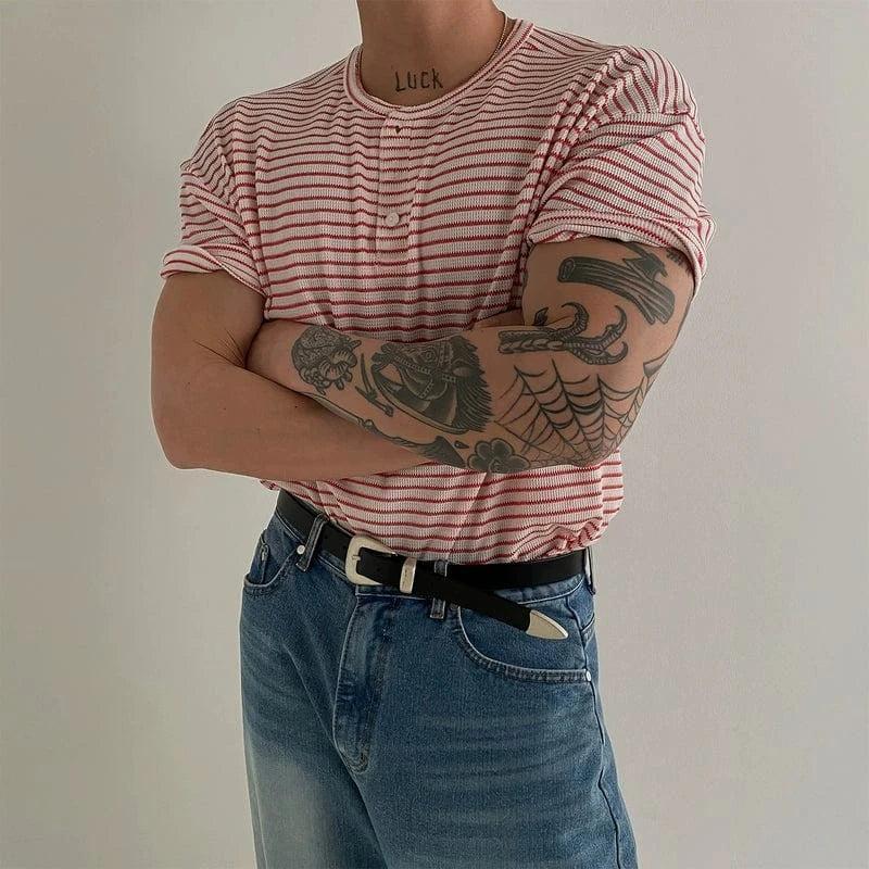 RT No. 19008 KNIT STRIPED HENRY COLLAR SHORT SLEEVE Product Image