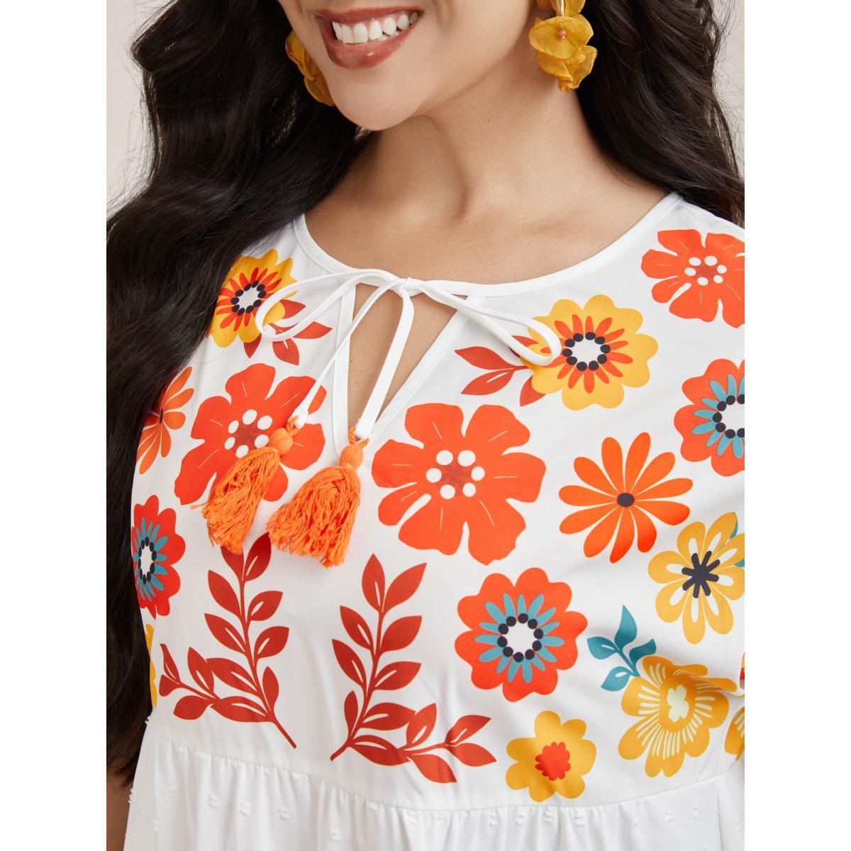 Plus Size WhiteSmoke Floral Print Neck-Tie Babydoll Top Women Resort Short sleeve Non Vacation Blouses BloomChic 10/M Product Image