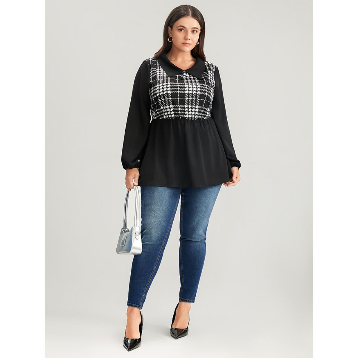 Plus Size Black Plaid Patchwork Lantern Sleeve Ruffle Hem Blouse Women Office Long Sleeve Lapel Collar Work Blouses BloomChic 30/6X Product Image