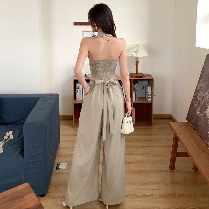 Halter Plain Wide Leg Wrap Jumpsuit Product Image