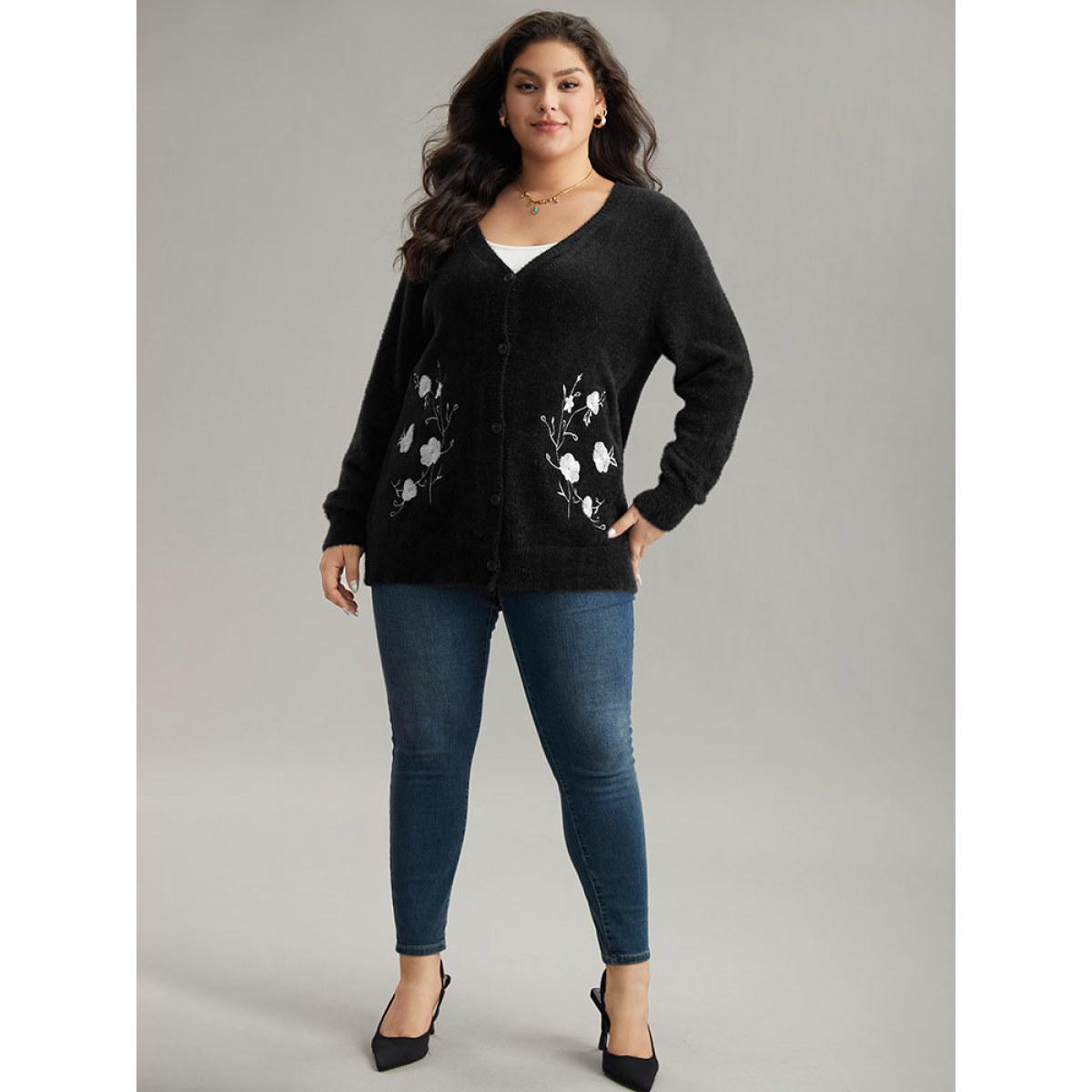 Plus Size Floral Embroidered Fuzzy Open Front Cardigan Black Women Casual Loose Long Sleeve Everyday Cardigans BloomChic 18-20/2X Product Image