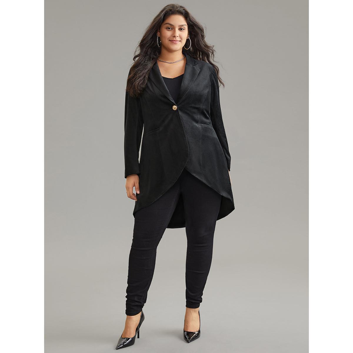 Plus Size Plain Velvet Metal Detail High Low Hem Coat Women Black At the Office Lined Ladies Work Winter Coats BloomChic 14-16/1X Product Image