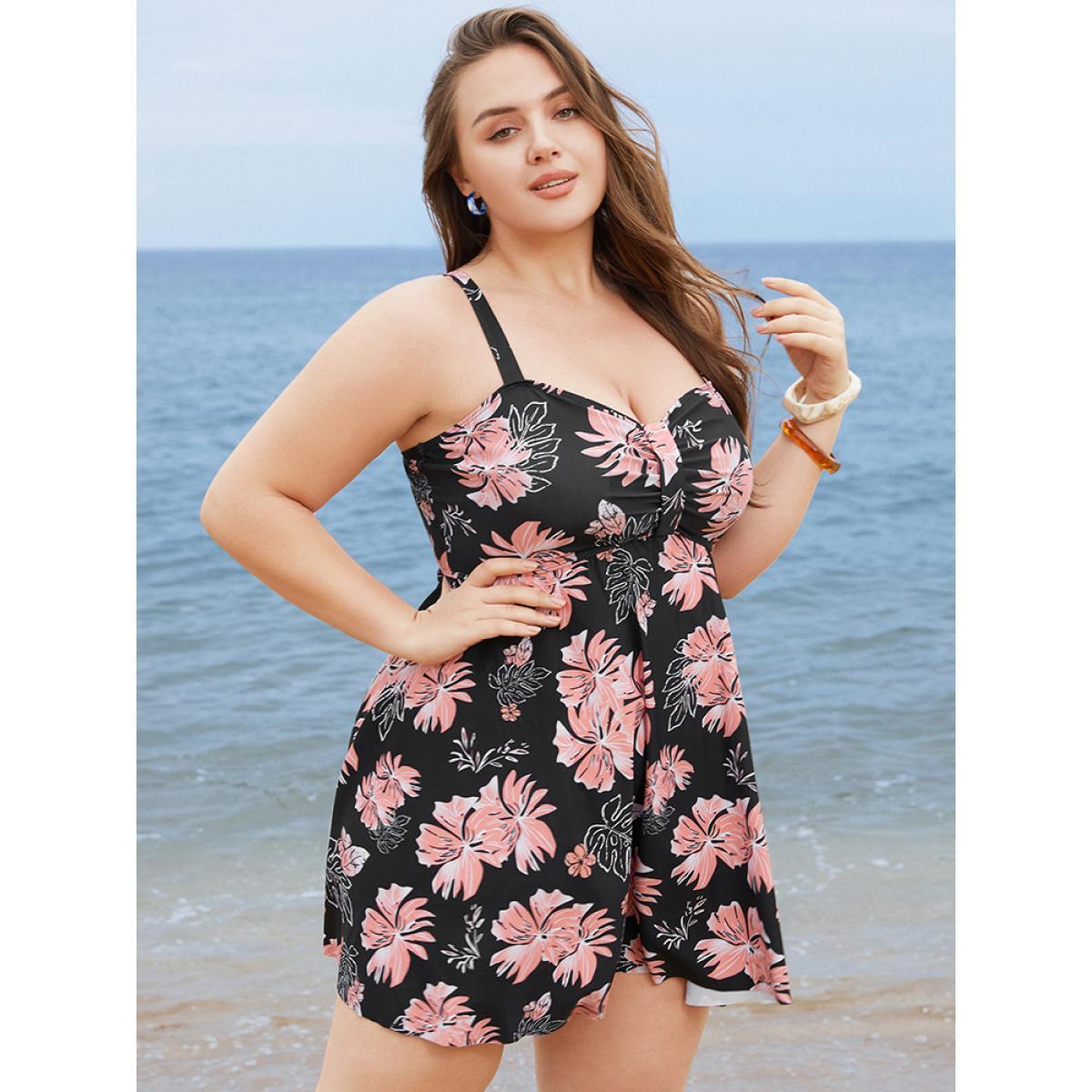 Plus Size Floral Print Gathered Adjustable Straps Swim Dress Women's Swimwear BlackFlower Vacation Bodycon Spaghetti Strap High stretch Curve Swim Dresses BloomChic 10/M Product Image