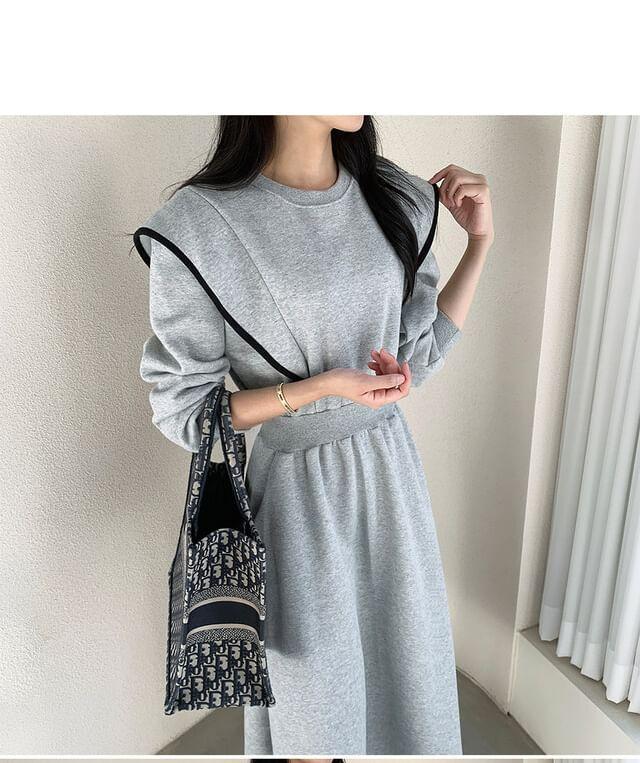 Long Sleeve Round Neck Contrast Piping Midi Sweatshirt Dress Product Image