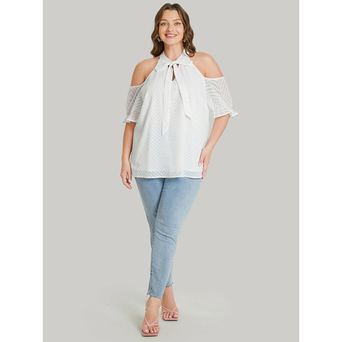 Plus Size White Plain Geometric Knotted Keyhole Cold Shoulder Ruffle Blouse Women Elegant Short sleeve Cold Shoulder Dailywear Blouses BloomChic 26/4X Product Image
