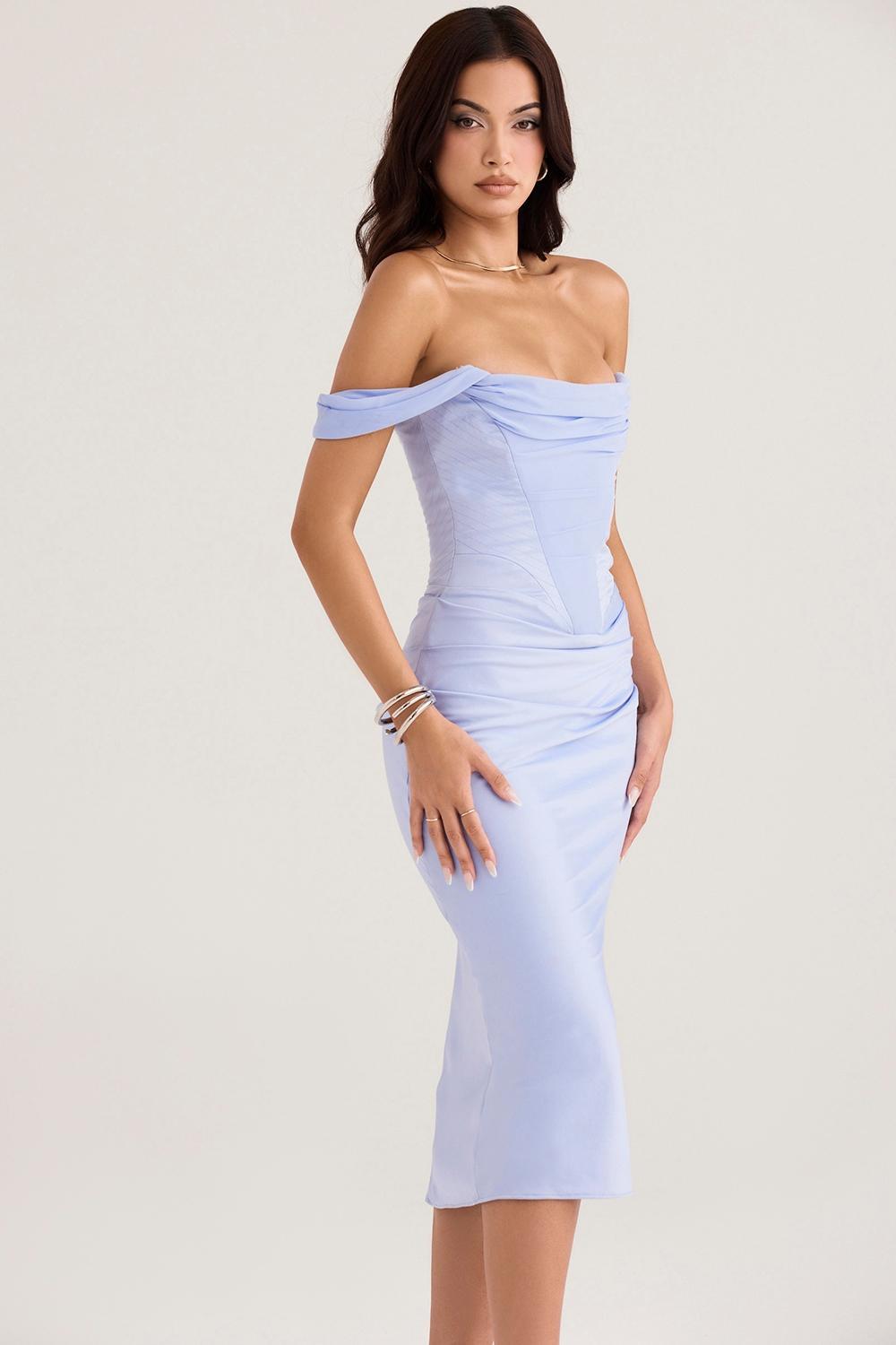 Natalya Sky Satin Corset Midi Dress Product Image