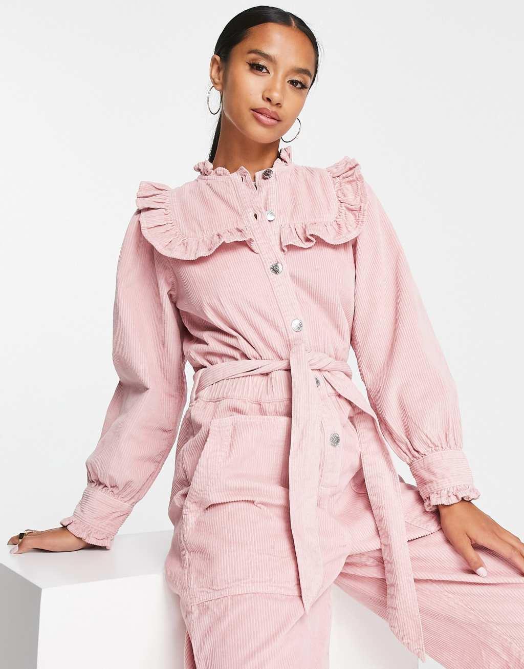 Miss Selfridge Petite corduroy bib frill belted jumpsuit Product Image