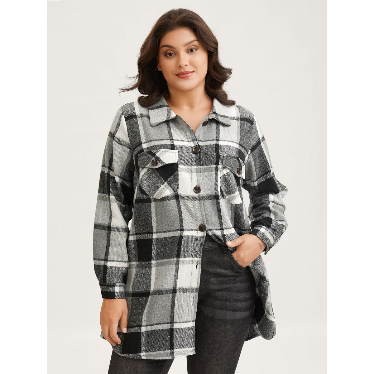 Plus Size Plaid Chest Pockets Long Jacket Women Black Button Loose Side seam pocket Everyday Jackets BloomChic 26/4X Product Image
