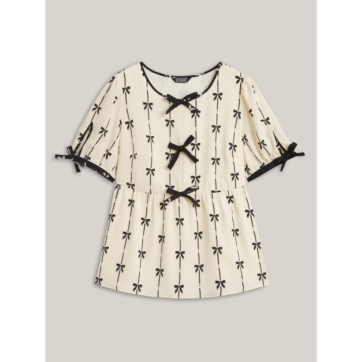 Plus Size Beige Bow Detail Printed Color Contrast Blouse Women Half Sleeve V-neck Everyday-Elegant Blouses BloomChic 12/L Product Image
