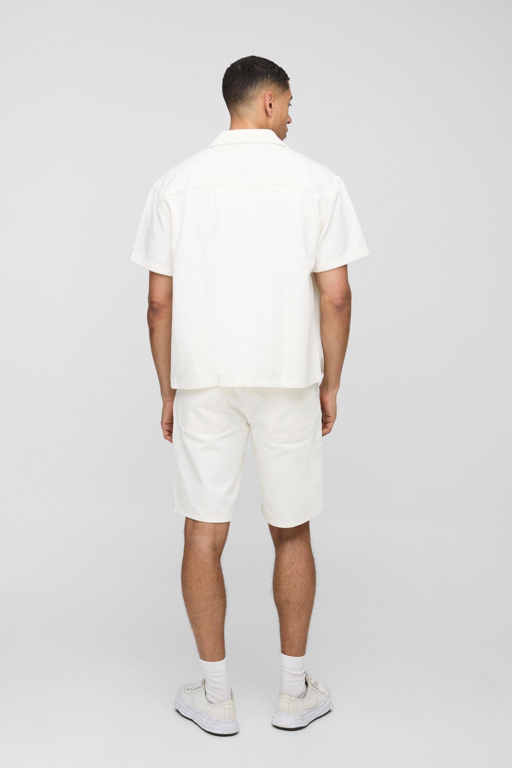 Short Sleeve Revere Boxy Fit Ecru Denim Shirt | boohooMAN USA Product Image