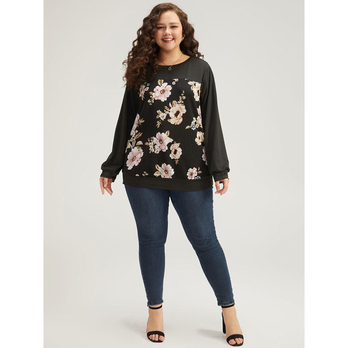 Plus Size Floral Print Patchwork Round Neck Sweatshirt Women Black Elegant Patchwork Round Neck Dailywear Sweatshirts BloomChic 22-24/3X Product Image