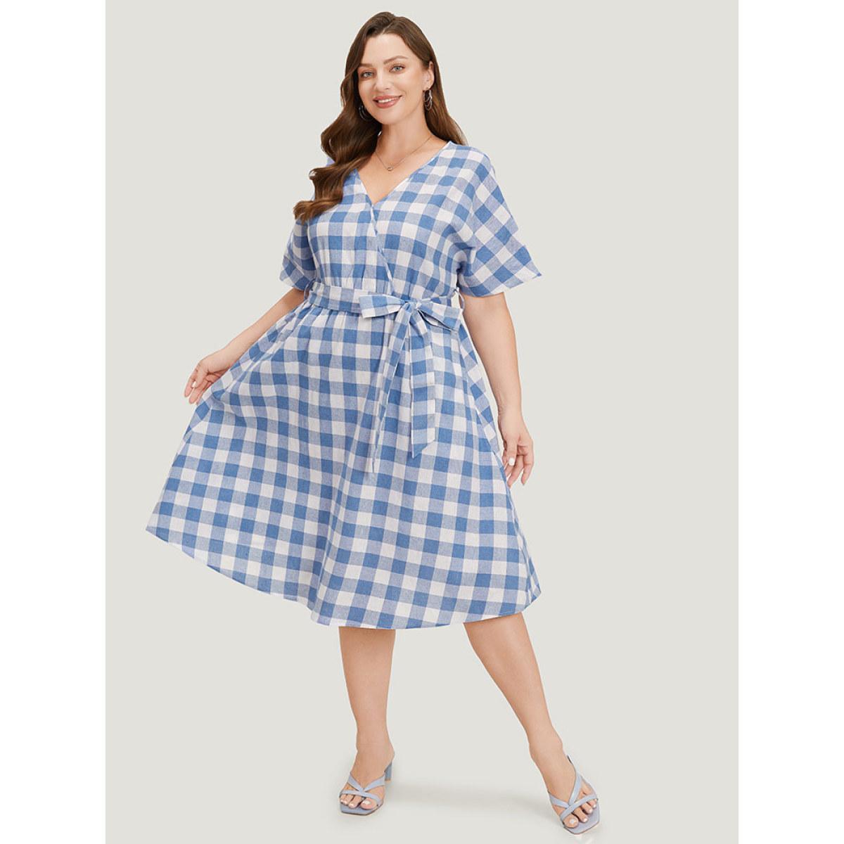 Plus Size Colour Plaid Belted Surplice Neck Ruffles Dress LightBlue Women Vacation Wrap V-neck Short sleeve Curvy Midi Dress BloomChic 12/L Product Image