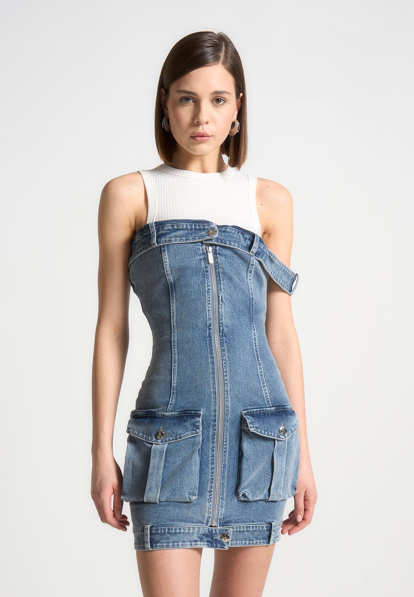Denim Racer Neck Rib Cargo Dress - Mid Blue/White Female Product Image