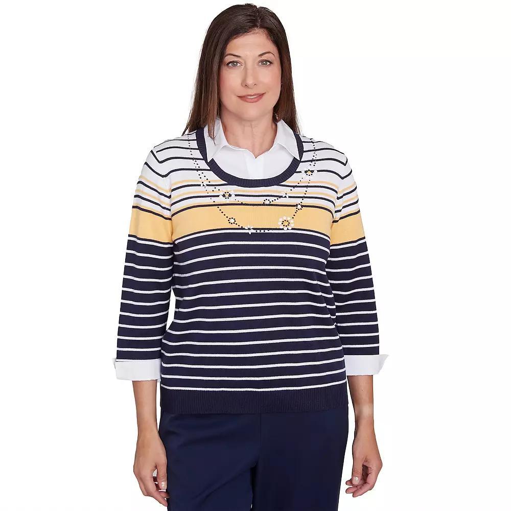 Petite Alfred Dunner Striped Two-in-One Collared Sweater with Necklace, Women's, Size: Small Petite, Blue Team Product Image